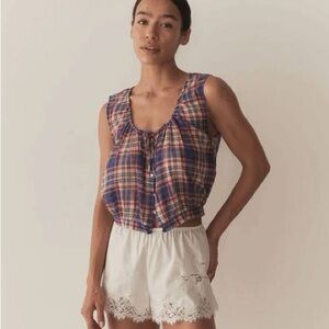 New with Tags Dôen Theo Top S/P Tie-Front Blouse Cote D’Azure Plaid